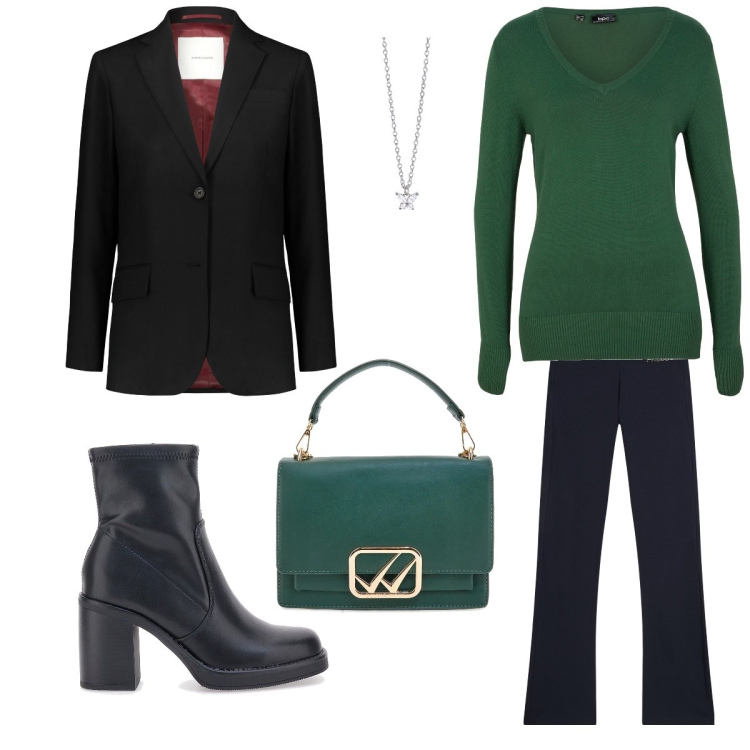Outfit donna - Total look #2058036. Stile Casual chic per Ufficio. Abbinamento con maglieria, collane, pantaloni, blazer, stivaletti, borse a tracolla.