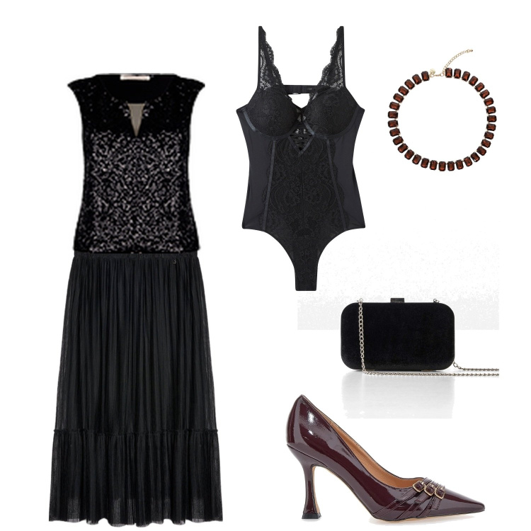 Outfit donna - Serata a sorpresa. Stile Casual chic per Serata fuori. Abbinamento con pochette, top, body, collane, gonne lunghe, décolleté.