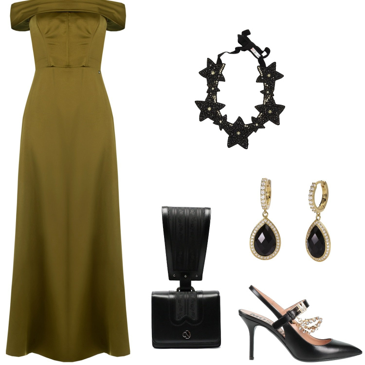 Outfit donna - Look sera. Stile Chic per Cerimonia. Abbinamento con décolleté, collane, orecchini, vestiti lunghi, borse a mano.