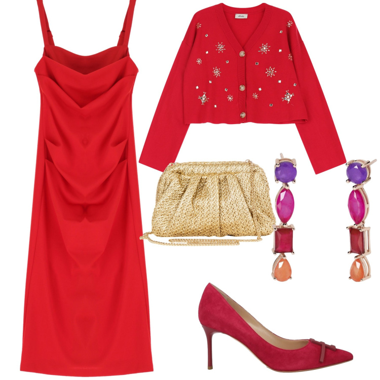 Outfit donna - Red Valentine ‘ s Day. Stile Glamour per Serata fuori. Abbinamento con décolleté, vestiti midi/longuette, cardigans, orecchini, clutch.