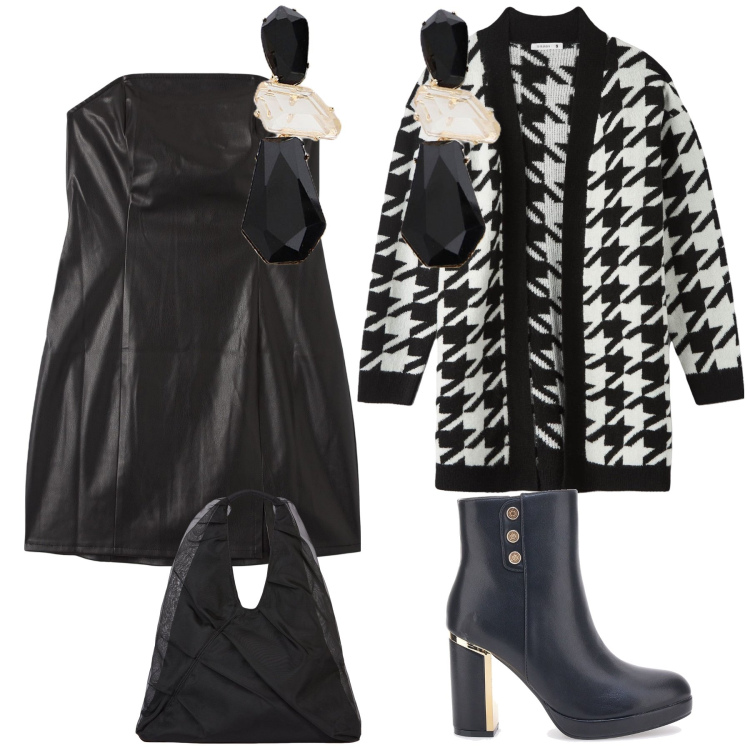 Outfit donna - Via il cardigan e la serata è pronta. Stile Urban per Serata fuori. Abbinamento con vestiti midi/longuette, cardigans, orecchini, shopping bag, stivali.