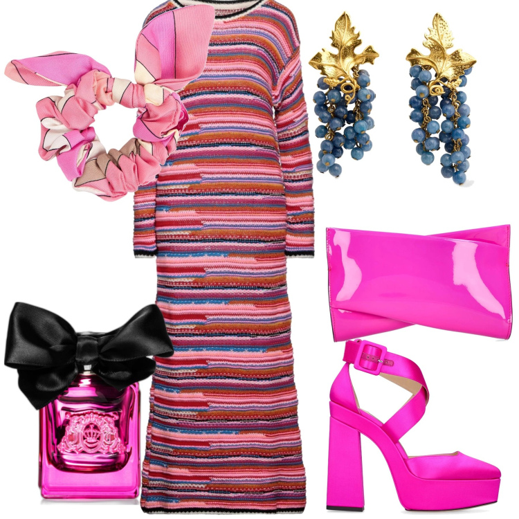 Outfit donna - Coloratissima. Stile Trendy per Serata fuori. Abbinamento con vestiti lunghi, profumi, pochette, décolleté, accessori per capelli, orecchini.