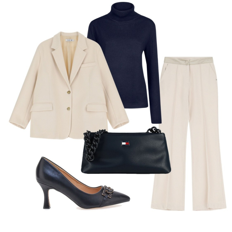 Outfit donna - Bianco e blu. Stile Chic per Ufficio. Abbinamento con borse a mano, pantaloni, blazer, décolleté, maglieria.