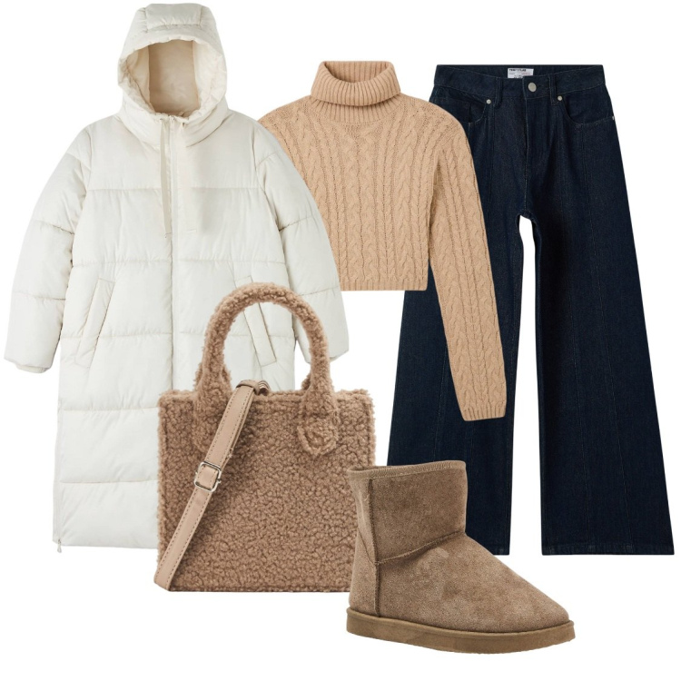 Outfit donna - Look terranova 70 euro. Stile Casual per Tutti i giorni. Abbinamento con jeans, maglieria, piumini, shopping bag, stivaletti.
