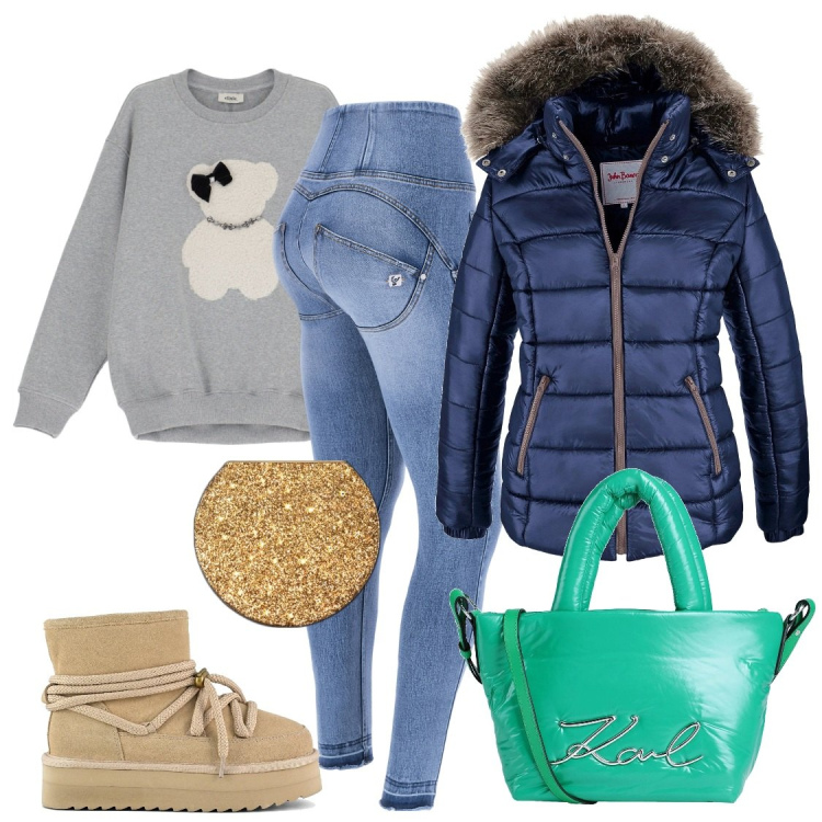 Outfit donna - Total look #2058078. Stile Casual chic per Scuola/Università. Abbinamento con piumini, borse a mano, ombretti, felpe, jeans skinny, stivaletti.