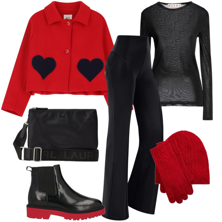 Outfit donna - Rosso e nero. Stile Casual chic per Tutti i giorni. Abbinamento con stivaletti chelsea, cappelli, t-shirt, pantaloni, borse a tracolla, blazer.