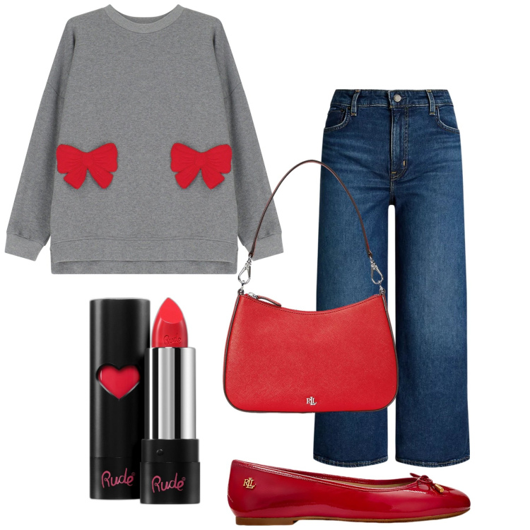 Outfit donna - 14 febbraio. Stile Romantica per Tutti i giorni. Abbinamento con rossetti, felpe, borse a spalla, jeans, ballerine.