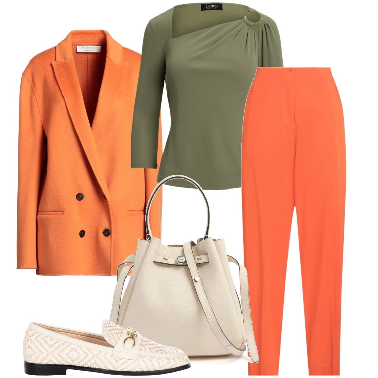 Outfit donna - Outfit colorati. Stile Bon Ton per Ufficio. Abbinamento con pantaloni, cappotti, mocassini, top, borse a mano.