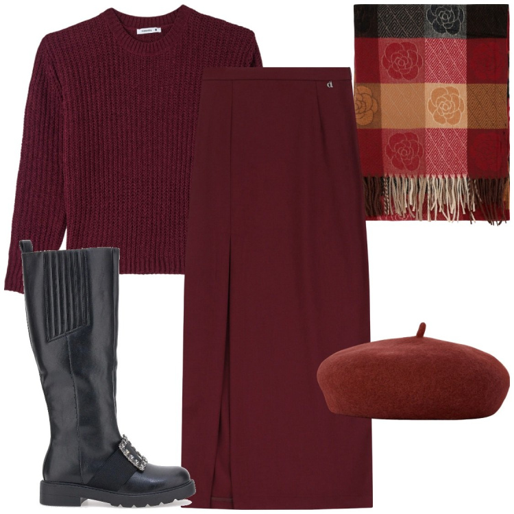 Outfit donna - Gonna con spacco. Stile Chic per Ufficio. Abbinamento con maglieria, foulard, gonne lunghe, cappelli e berretti, stivali.