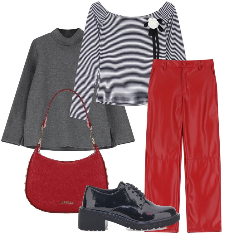 Outfit donna - Il pantalone rosso. Stile Trendy per Serata fuori. Abbinamento con pullovers, maglieria, pantaloni, borse a spalla, scarpe stringate.