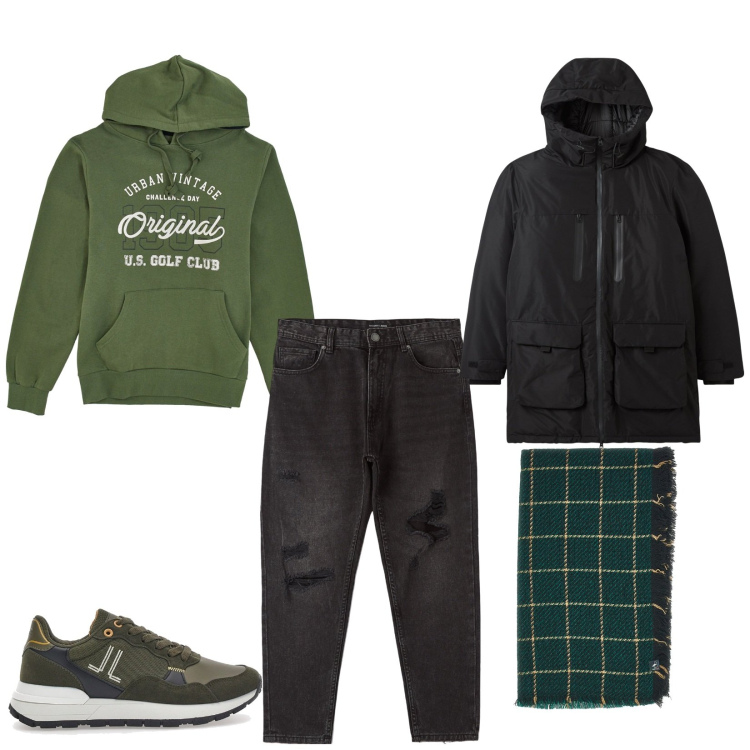 Outfit uomo - Easy. Stile Casual per Tutti i giorni. Abbinamento con jeans strappati, parka, sneakers, sciarpe, felpe.