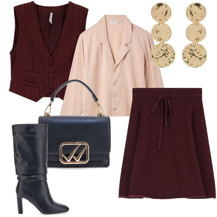 Outfit donna - Il completo marrone. Stile Bon Ton per Serata fuori. Abbinamento con camicie, gilet, minigonne, stivali, borse a tracolla, orecchini.