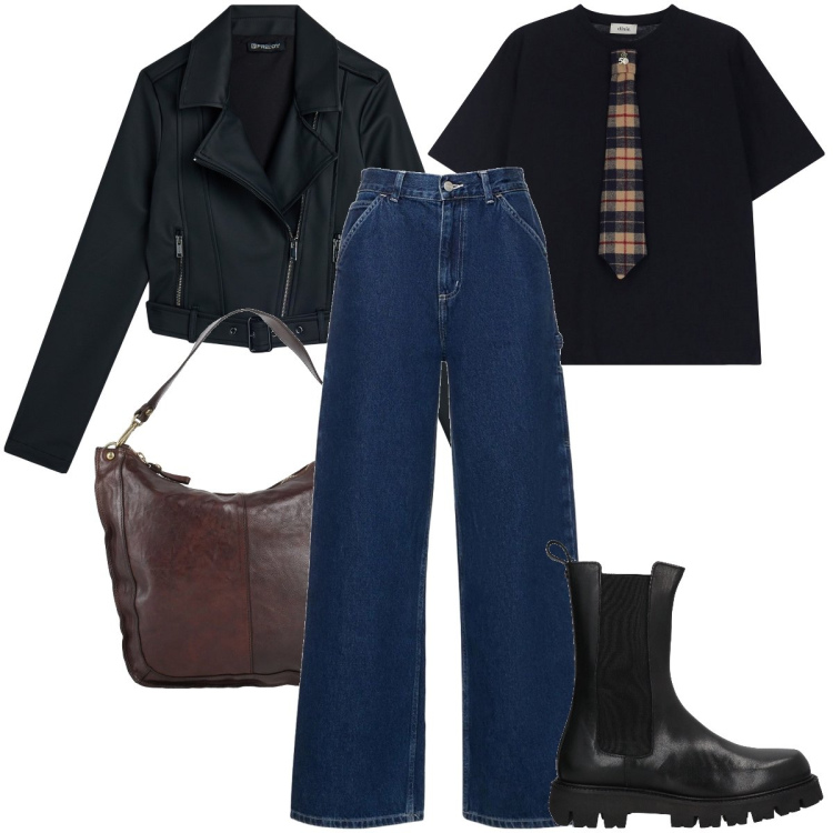 Outfit donna - La t-shirt con la cravatta. Stile Rock per Serata fuori. Abbinamento con borse a spalla, stivaletti, giacche, t-shirt, pantaloni.