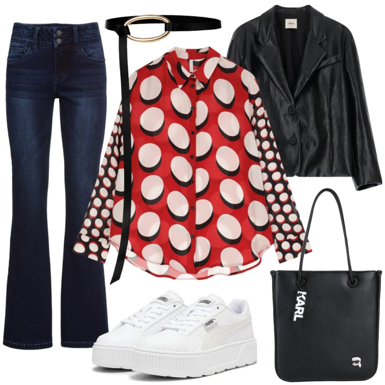 Outfit donna - La camicia stampata fantasia grafica. Stile Casual chic per Tutti i giorni. Abbinamento con jeans bootcut, borse a spalla, cinture, camicie, blazer, sneakers.