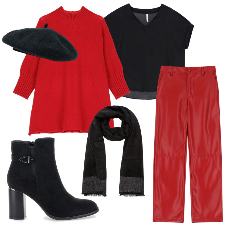 Outfit donna - Il potere del rosso. Stile Casual chic per Serata fuori. Abbinamento con sciarpe, pantaloni, cappe, t-shirt, stivaletti, cappelli e berretti.