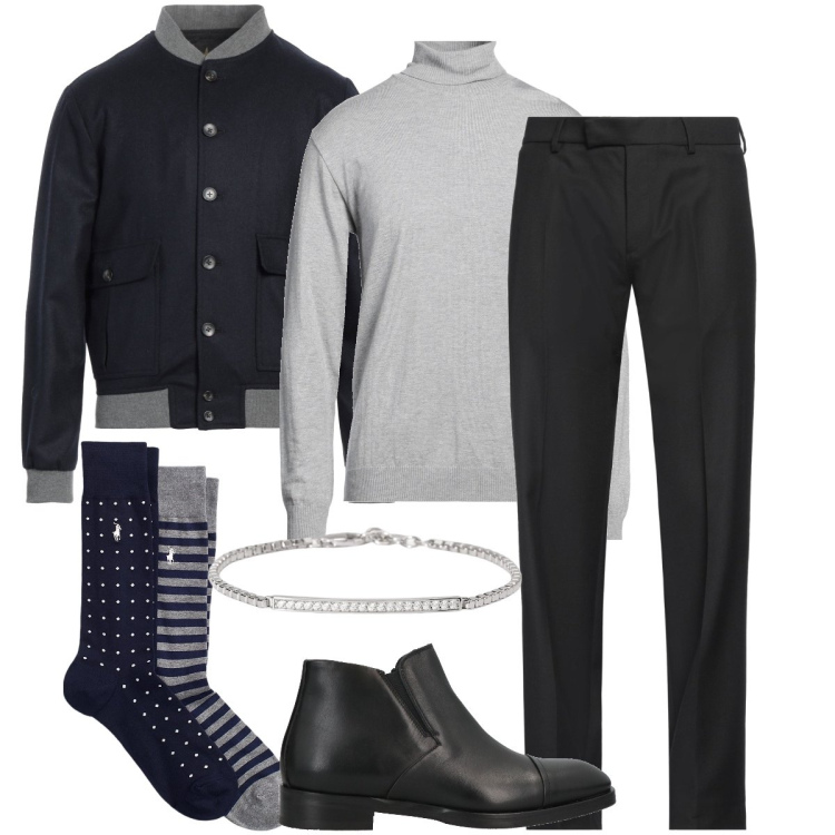 Outfit uomo - Dolcevita grigio. Stile Business/Elegante per Serata speciale. Abbinamento con pantaloni, stivali e stivaletti, giacche, maglieria, braccialetti, calzini.