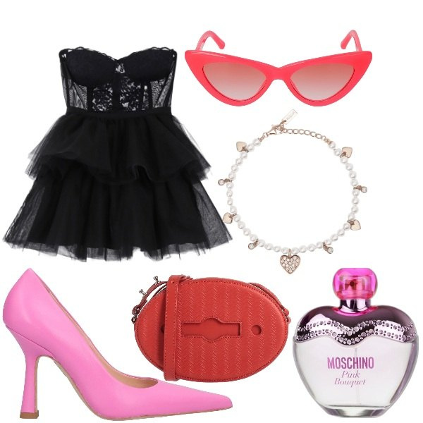 Outfit donna - Bantoa San Valentino. Stile Sexy per Serata fuori. Abbinamento con décolleté, borse a tracolla, vestiti corti, profumi, braccialetti, occhiali da sole.