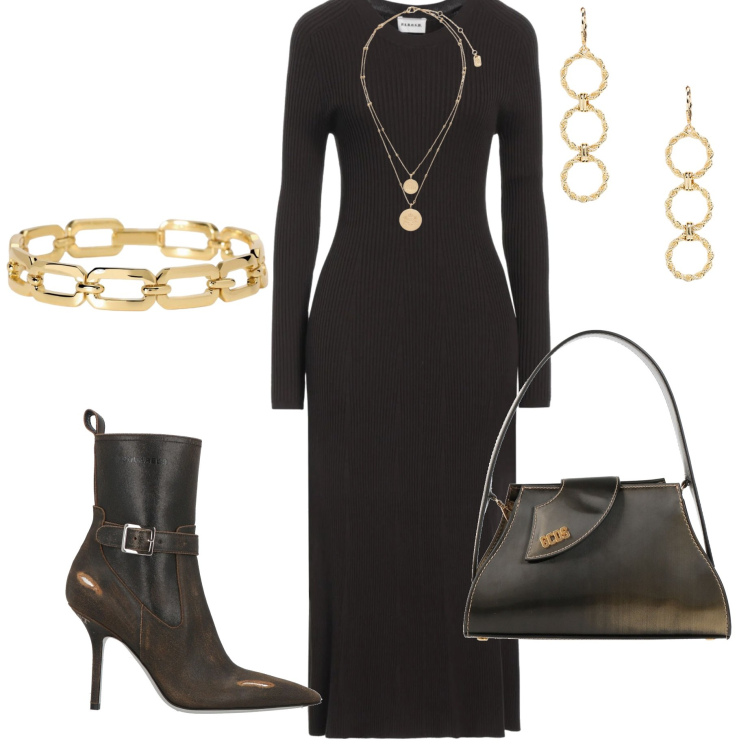 Outfit donna - Abito passepartout. Stile Chic per Serata fuori. Abbinamento con vestiti midi/longuette, borse a mano, stivaletti, braccialetti, ciondoli, orecchini.