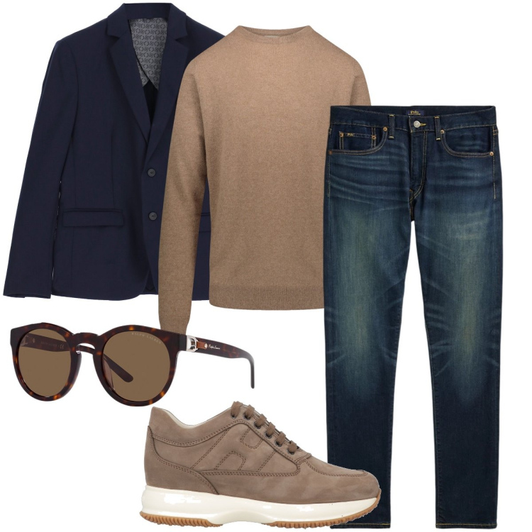 Outfit uomo - Blu e marrone. Stile Urban per Ufficio. Abbinamento con sneakers, giacche, jeans, occhiali da sole, maglieria.