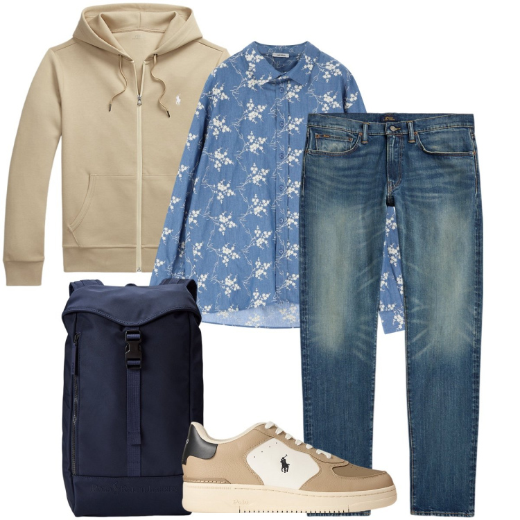 Outfit uomo - Gita fuori porta. Stile Casual per Tutti i giorni. Abbinamento con camicie, felpe, jeans, sneakers, borse sportive.