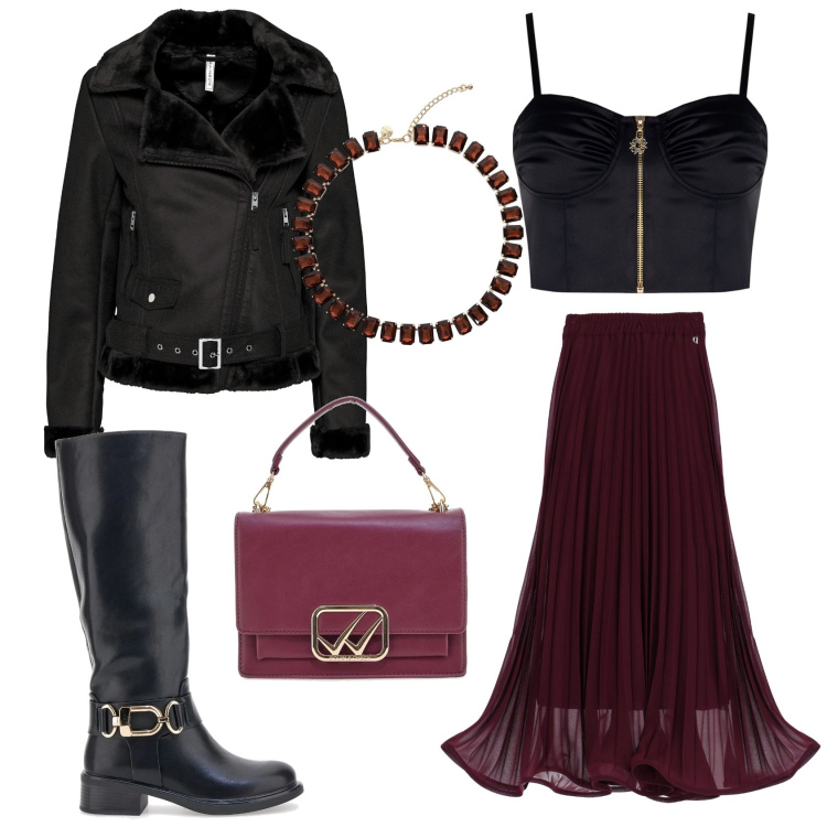 Outfit donna - Rock romantico. Stile Rock per Serata fuori. Abbinamento con blazer, top, gonne lunghe, collane, stivali, borse a tracolla.