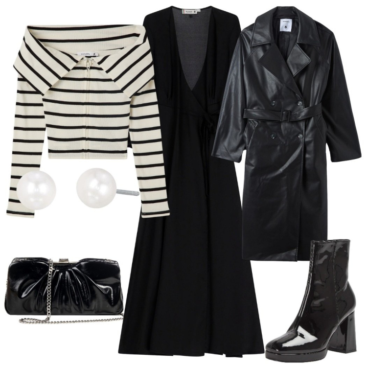 Outfit donna - Giorno e sera in un attimo senza cardi. Stile Glamour per Tutti i giorni. Abbinamento con cardigans, trench, stivaletti, orecchini, vestiti lunghi, pochette.
