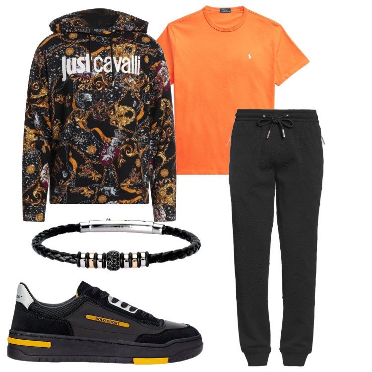 Outfit uomo - Pattern giometrici. Stile Casual per Sport. Abbinamento con felpe con cappuccio, pantaloni, braccialetti, t-shirt, sneakers.