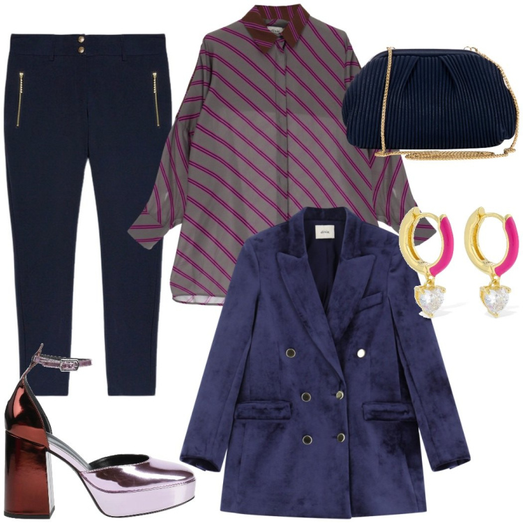 Outfit donna - Giacca in velluto e camicia a righe. Stile Glamour per Serata fuori. Abbinamento con décolleté, pochette, camicie, blazer, pantaloni skinny, orecchini.