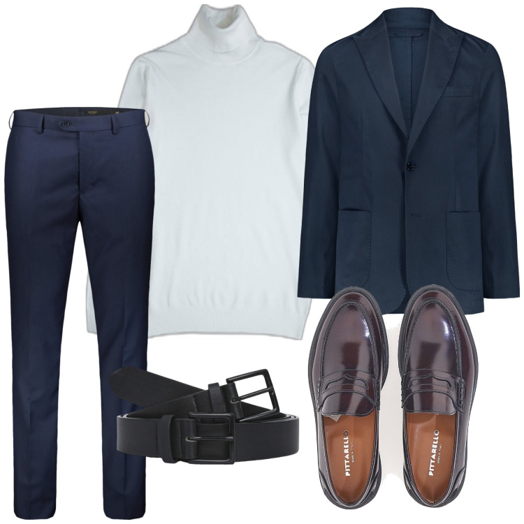 Outfit uomo - Il caldo maglione. per Ufficio. Abbinamento con cinture, pullovers, pantaloni, giacche, scarpe stringate.