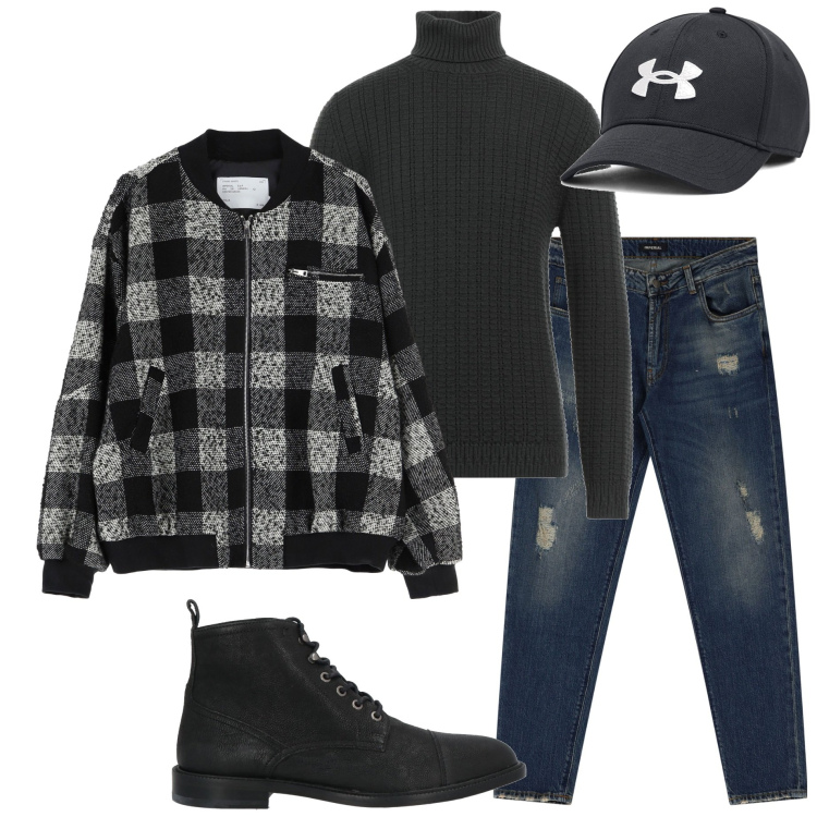 Outfit uomo - Giacca a quadri. Stile Casual per Tutti i giorni. Abbinamento con stivali e stivaletti, maglieria, jeans dritti, bomber, cappelli.