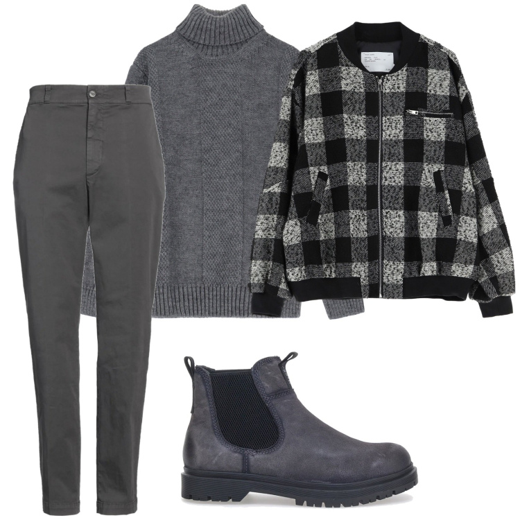 Outfit uomo - Un caldo maglione. per Tutti i giorni. Abbinamento con pantaloni chino, bomber, maglieria, stivali e stivaletti.