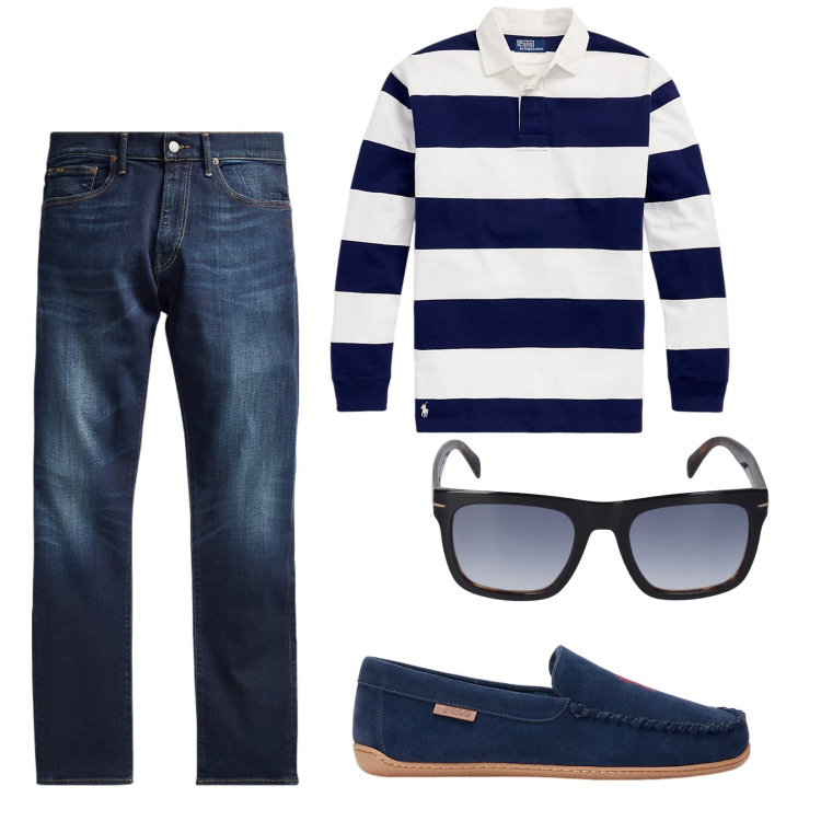 Outfit uomo - Tutti a bordo. per Mare. Abbinamento con jeans, pantofole, maglieria, occhiali da sole.
