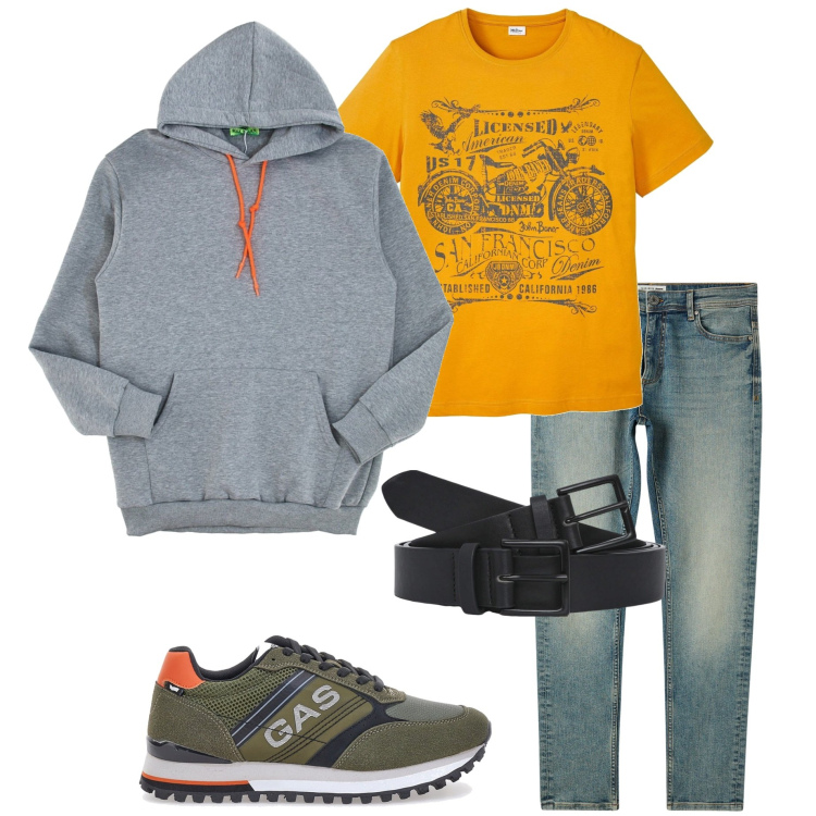 Outfit uomo - Casual style. Stile Casual per Tutti i giorni. Abbinamento con t-shirt, jeans skinny, cinture, felpe con cappuccio, sneakers.