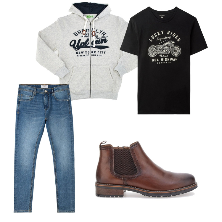 Outfit uomo - Sportivo con classe. per Tutti i giorni. Abbinamento con t-shirt, jeans skinny, scarpe stringate, felpe con cappuccio.