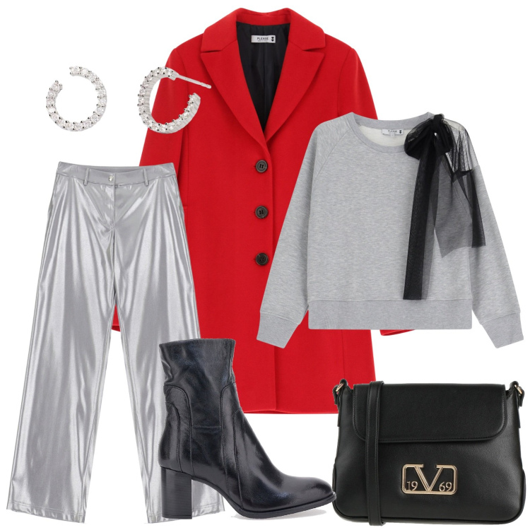 Outfit donna - Il potere del rosso. Stile Glamour per Serata fuori. Abbinamento con borse a tracolla, orecchini, felpe, cappotti, pantaloni, stivaletti.