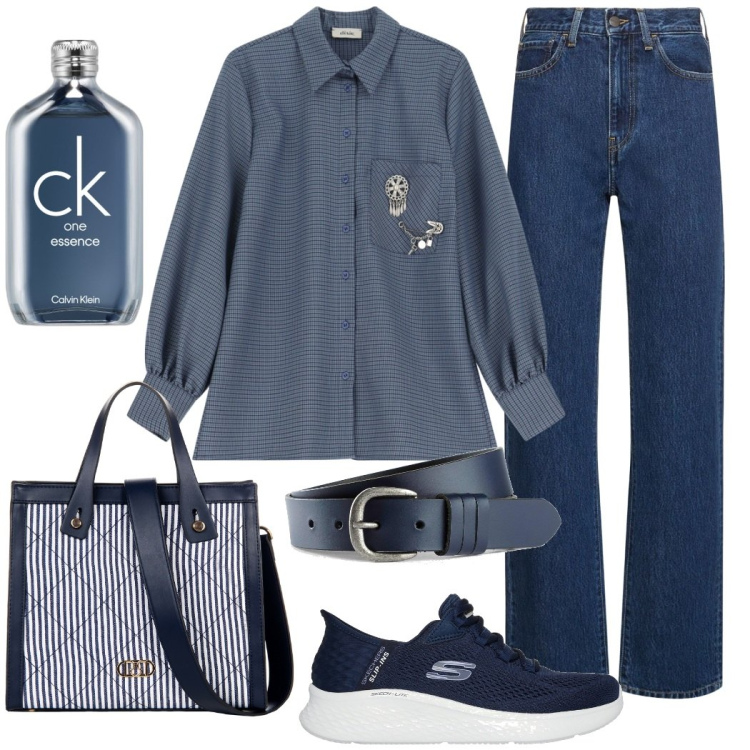 Outfit donna - Tono su tono. Stile Casual chic per Tutti i giorni. Abbinamento con cinture, profumi, shopping bag, camicie, sneakers, jeans dritti.