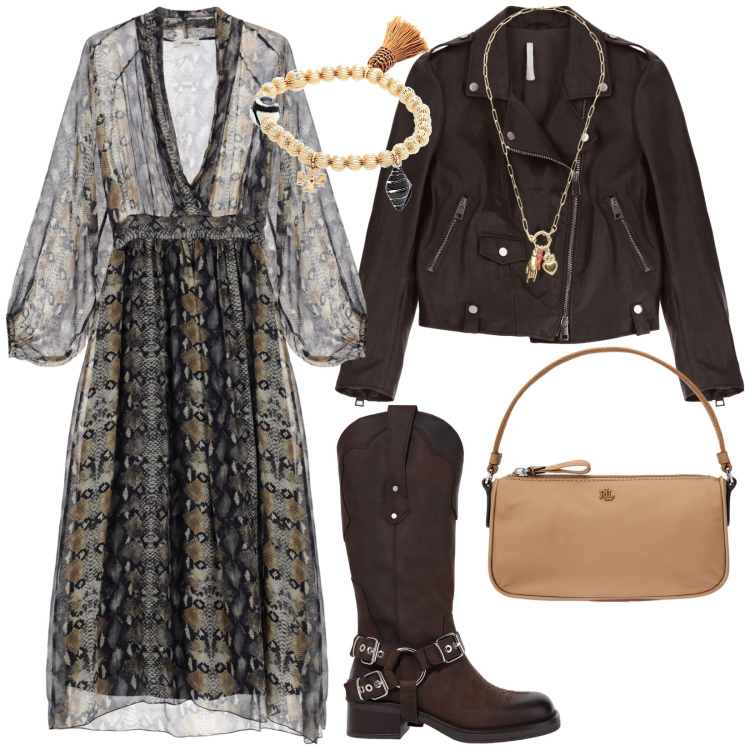 Outfit donna - Boho Biker. Stile Boho per Tutti i giorni. Abbinamento con braccialetti, giacche, ciondoli, vestiti, stivali, pochette.