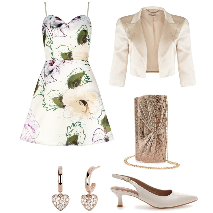 Outfit donna - Total look #2058238. Stile Romantica per Cerimonia. Abbinamento con orecchini, vestiti corti, bolero, décolleté, pochette.