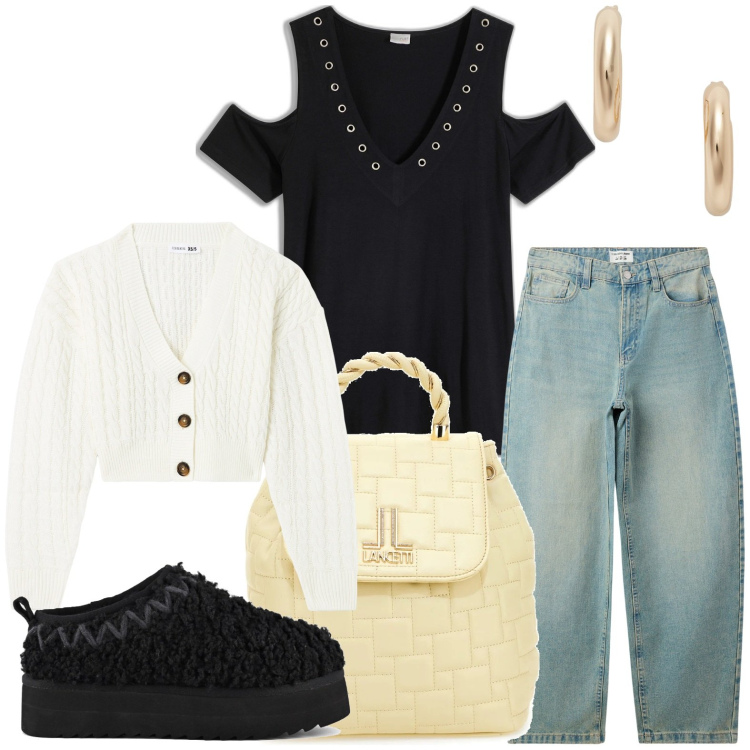 Outfit donna - Pratica con lo zaino. Stile Casual chic per Scuola/Università. Abbinamento con maglieria, jeans, cardigans, orecchini, stivaletti, zaini.