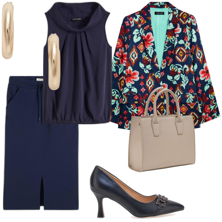 Outfit donna - La giacca protagonista. per Ufficio. Abbinamento con top, gonne longuette, shopping bag, orecchini, décolleté, blazer.
