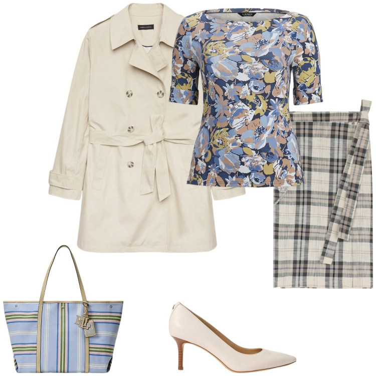 Outfit donna - Fiori di primavera. Stile Bon Ton per Tutti i giorni. Abbinamento con gonne longuette, trench, décolleté, t-shirt, borse tote.