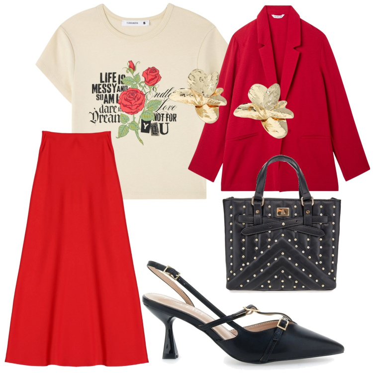 Outfit donna - San Valentino con le amiche. per Serata fuori. Abbinamento con blazer, t-shirt, gonne lunghe, orecchini, décolleté, borse a mano.