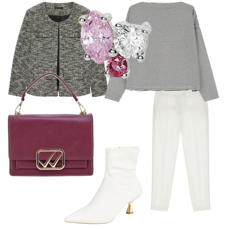 Outfit donna - Si esce tutti insieme. per Tutti i giorni. Abbinamento con stivaletti, orecchini, pantaloni, maglieria, blazer, borse a tracolla.