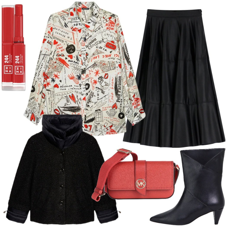 Outfit donna - Cena romantica. Stile Chic per Serata fuori. Abbinamento con borse a tracolla, rossetti, gonne longuette, stivaletti, camicie, blazer.