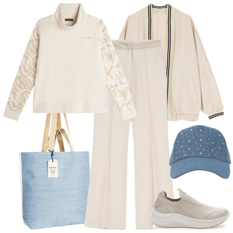 Outfit donna - Total look #2058282. Stile Sporty chic per Tutti i giorni. Abbinamento con cappelli, borse tote, pantaloni, bomber, felpe, sneakers.
