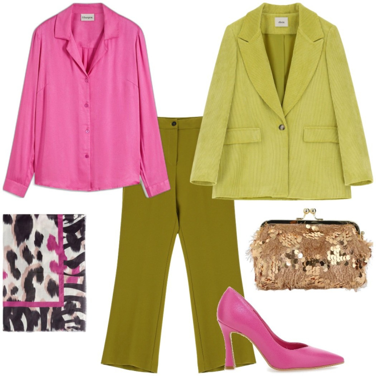 Outfit donna - Un flash di rosa. Stile Glamour per Serata fuori. Abbinamento con camicie, pantaloni, borse a spalla, blazer, décolleté, foulard.