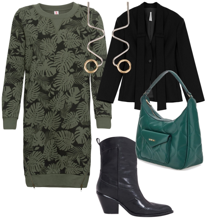 Outfit donna - Oggi spesa. per Tutti i giorni. Abbinamento con vestiti, stivaletti texani, blazer, orecchini, borse a spalla.