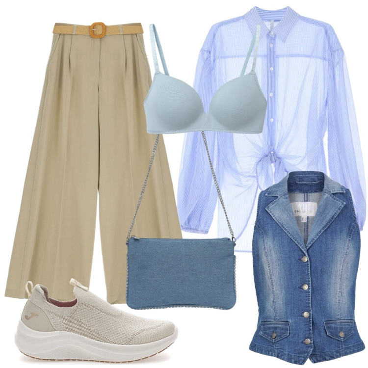 Outfit donna - Primavera in denim. Stile Casual chic per Tutti i giorni. Abbinamento con gilet, borse a tracolla, reggiseni, pantaloni a palazzo, camicie, sneakers.