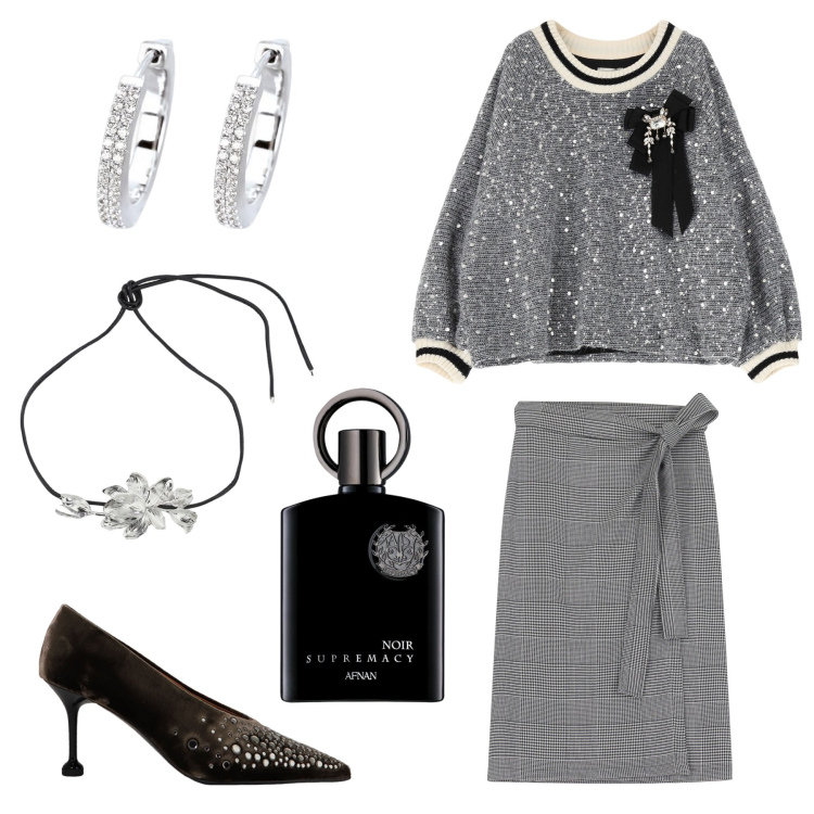 Outfit donna - Grigio e nero. Stile Chic per Ufficio. Abbinamento con profumi, orecchini, felpe, gonne longuette, décolleté, collane.