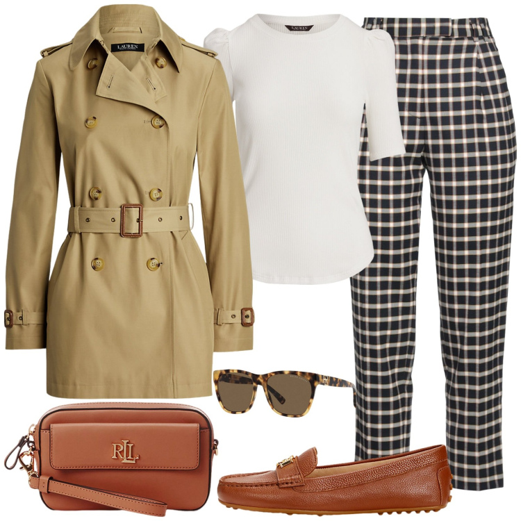 Outfit donna - Accessori Ralph Lauren. Stile Casual chic per Tutti i giorni. Abbinamento con pantaloni, pochette, mocassini, trench, occhiali da sole, t-shirt.